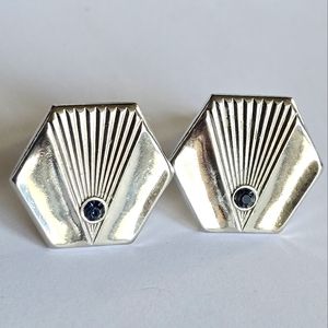 Vintage cuff links Art Deco style silver tone cufflinks blue gem